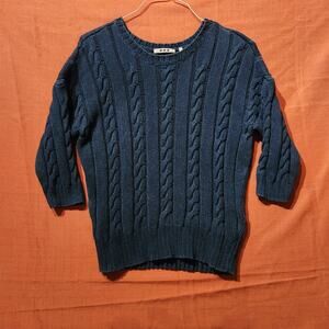 Womens Sz M Navy Blue Cable Knit 3/4 Sleeve Sweater Preppy Casual Cozy Top